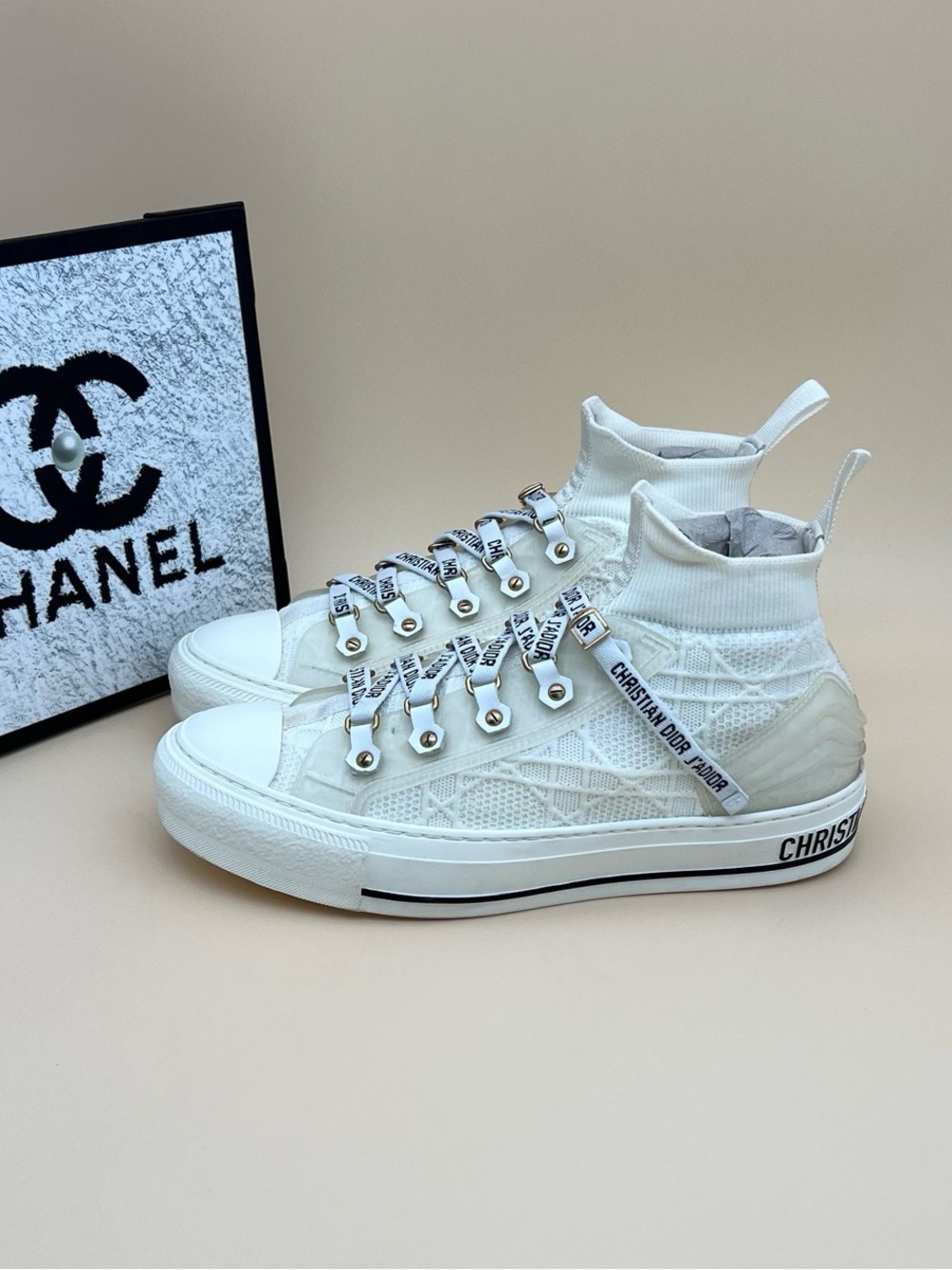 🚩steal Dior White Knit High-Top Sneakers